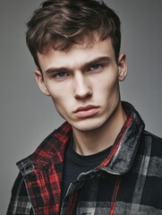 Fototapeta premium Handsome young man with short brown hair and striking blue eyes wearing a plaid jacket, isolated on a grey background for versatile copy space.
