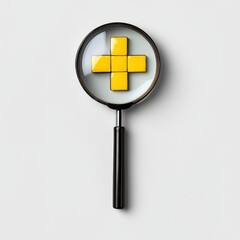 Obraz premium Magnifying Glass with Yellow Plus Symbol on White