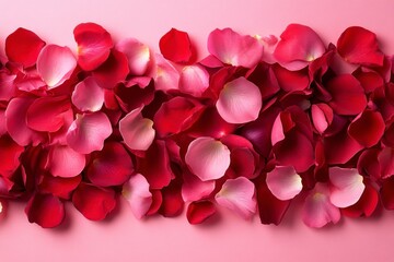 Elegant Minimalist Valentine Background with Red and Pink Rose Petals on Soft Pink Surface, Perfect for Romantic Decor and Celebrations