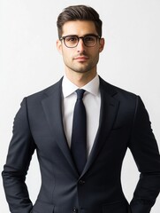 Professional portrait of young attractive male businessman wearing dark suit and glasses on white background with ample copyspace for text