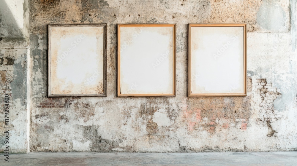 Aufkleber three empty frames hang on a textured concrete wall, showcasing a blend of artistic potential and ru