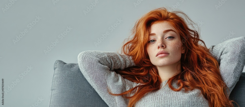 Poster relaxed red-haired woman lounging on a gray sofa with soft pillows against a light neutral backgroun