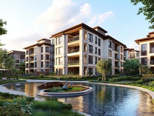 New modern block of flats in green area residential apartment with flat buildings exterior