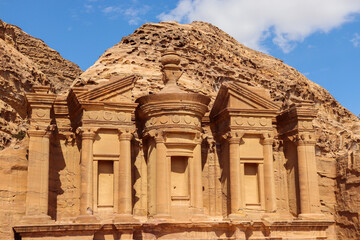 Petra, Jordan : ancient Monastery building in Petra (Ad Deir) one of the Seven Wonders of the World (historical place in Arab countries)
