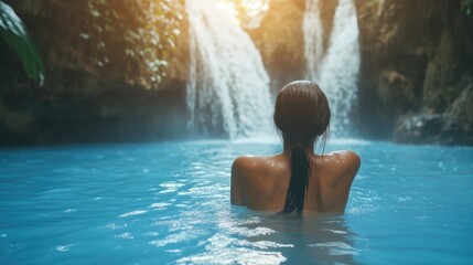 Woman enjoying a serene moment in a blue lagoon surrounded by cascading waterfalls and lush greenery with soft sunlight filtering through trees.