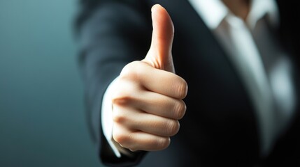 professional business woman in dark suit showing thumbs up hand gesture for success with neutral background and ample copyspace for text