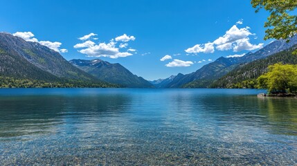 Calm mountain lake summer scene, clear water, sunny sky, travel poster