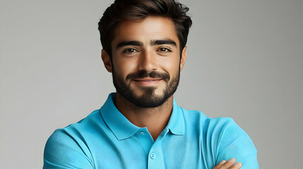 Confident Man Smiles Gently in a Light Blue Polo Shirt, Exuding Approachable Charm and Warmth.