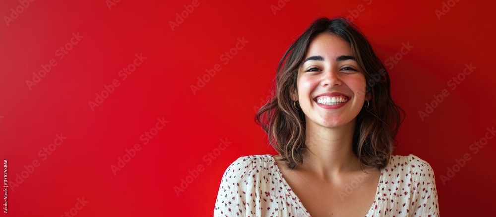 Aufkleber smiling woman in a patterned blouse posing against a vibrant red background with ample empty copyspa