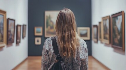 Woman admiring artwork in art gallery surrounded by paintings on walls with natural wooden flooring and large empty copyspace for text in modern museum setting