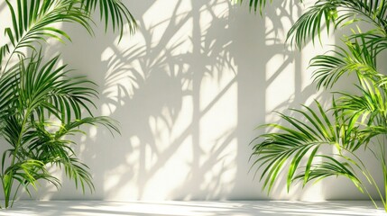 Fototapeta premium Sunlit white wall with vibrant green palm leaves and shadows.