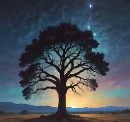 Illustration of tree with starry skind behind.