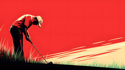 A golfer prepares to swing on a vibrant red background, showcasing focus and determination amidst lush grass