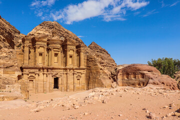 Petra, Jordan : ancient Monastery building in Petra (Ad Deir) one of the Seven Wonders of the World (historical place in Arab countries)