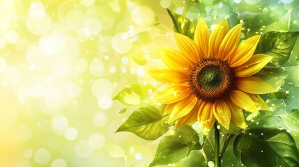 Obraz premium A vibrant sunflower blossoms in sunlight amidst lush green leaves