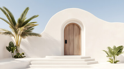A serene, minimalist entrance featuring a wooden door, surrounded by lush greenery and a smooth white facade against a clear blue sky
