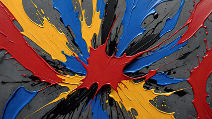 Fototapeta premium Bold abstract design featuring thick paint strokes and grunge texture details. Colors like blood red, mustard yellow, electric blue, and dark gray create an energetic, raw, and edgy aesthetic.