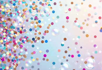  Rainbow confetti and bubbles on a soft gradient background.