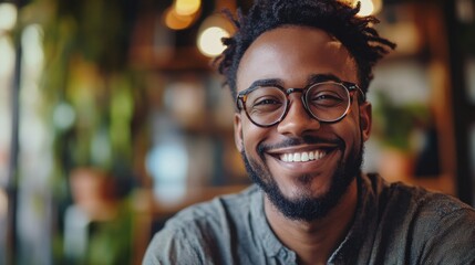 Fototapeta premium Happy Man Smiling Wearing Glasses Inside