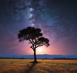 Fototapeta premium Illustration of tree with starry skind behind.