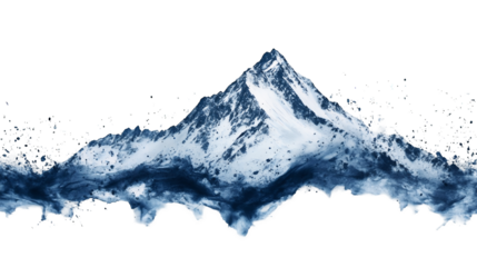 A dynamic mix of grey and blue paint splashes creating a mountain landscape isolated on a transparent background, PNG