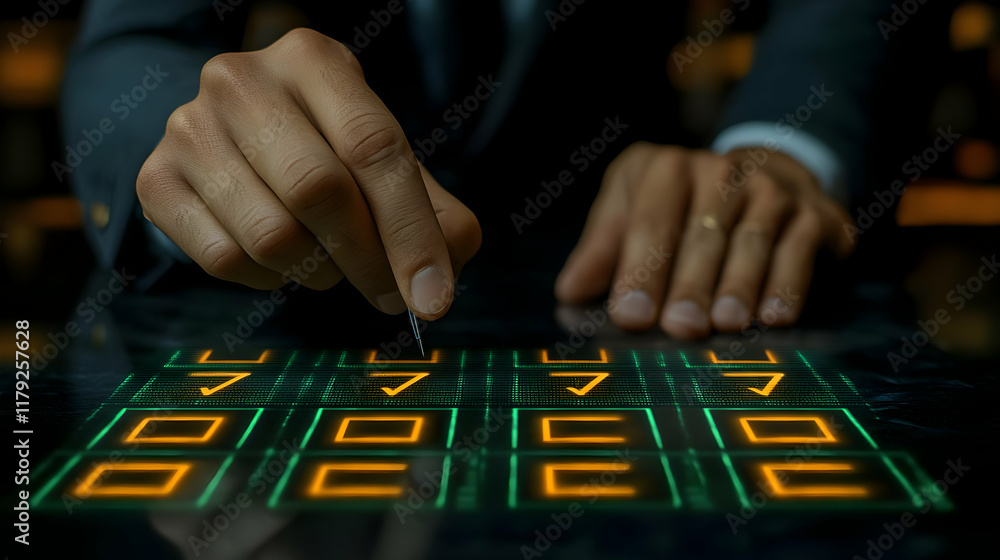 Poster businessman enters password on futuristic digital keypad securely and efficiently.