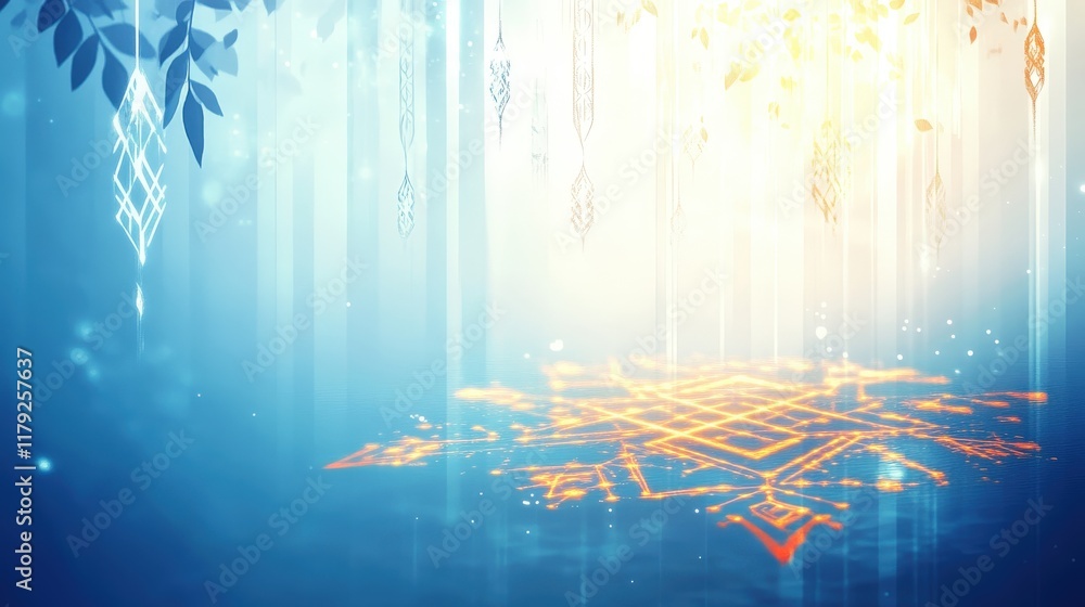 Poster ethereal abstract background with glowing symbols and bright light beams in a dreamy forest setting