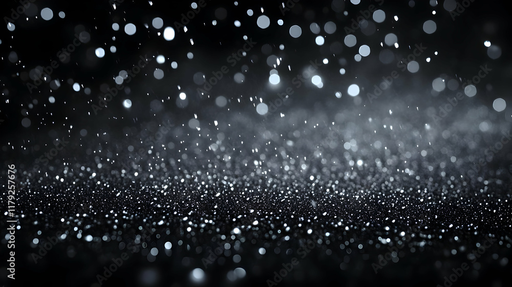 Poster abstract black background with sparkling silver glitter and bokeh lights effect.