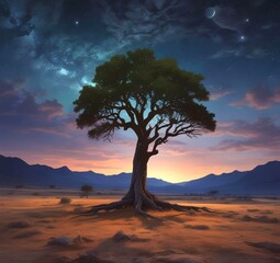 Illustration of tree with starry skind behind.