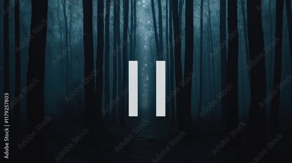 Poster atmospheric forest scene with ethereal light and mystical vibe surrounded by tall dark trees at twil
