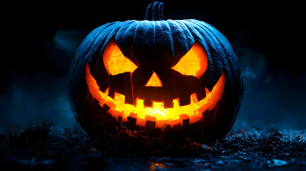 Fototapeta premium Glowing Jack-o'-lantern Sits Menacingly in the Dark Night with Fog Rolling Around It
