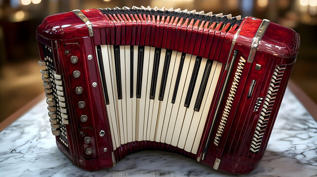 Red Accordion Sits on Marble Surface, Showcasing Keys and Buttons Beautifully.