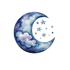 Celestial Dreamscape: Watercolor Crescent Moon with Stars and Clouds 