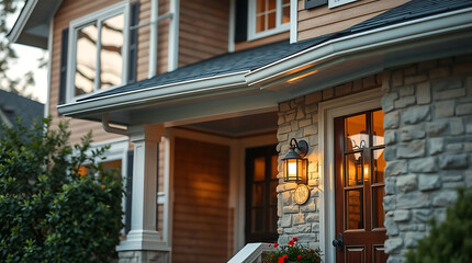 Obraz premium Evening view of a home's exterior. Features a stone facade, wood siding, and a front door with glass panes. Landscaping is partially visible. Lighting illuminates the entryway.