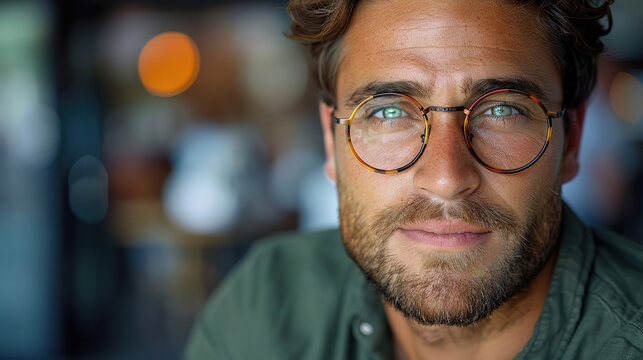Portrait of a confident man with glasses and a thoughtful expression in a blurred background