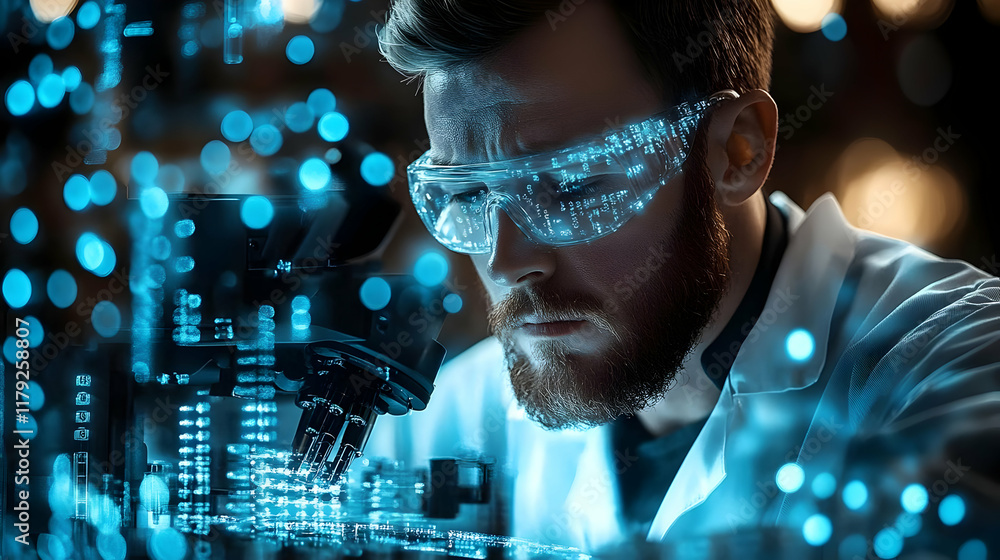 Poster scientist examines samples under microscope in futuristic laboratory setting with advanced technolog