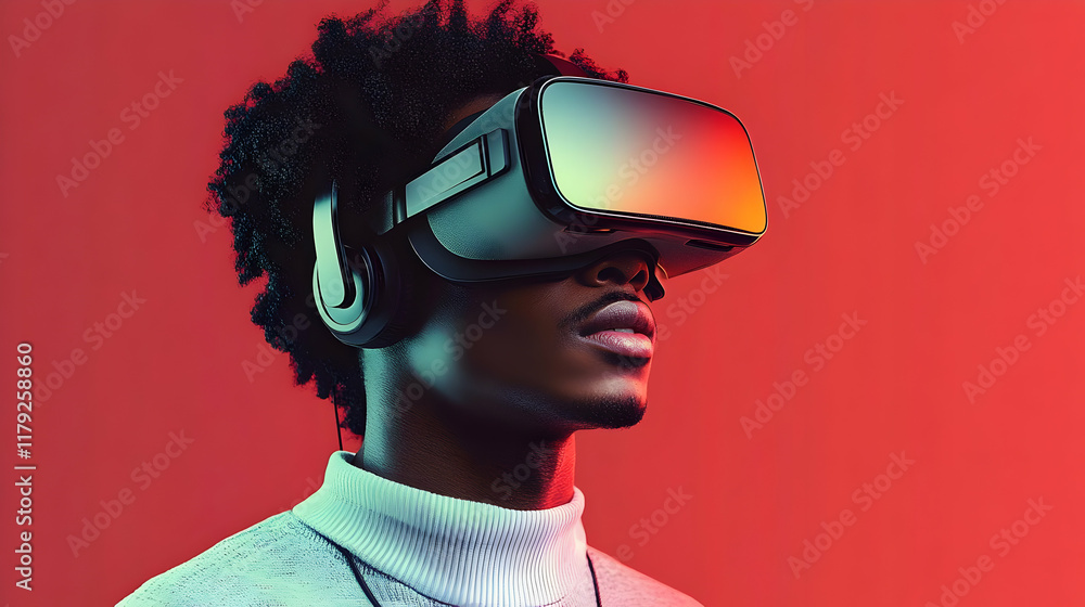 Poster man explores virtual reality with headset and immersively experiences digital world on red backgroun