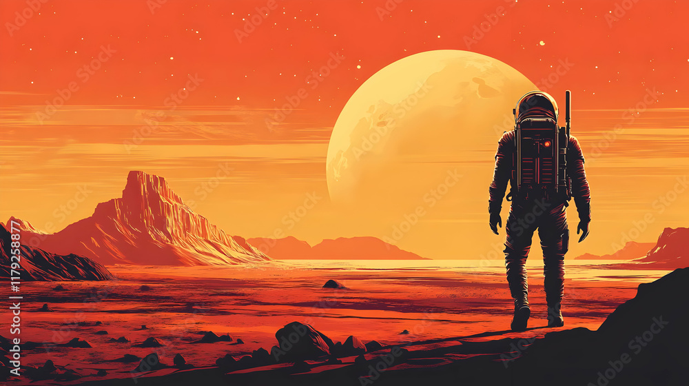Poster astronaut explores red planet surface under large glowing planet in the sky