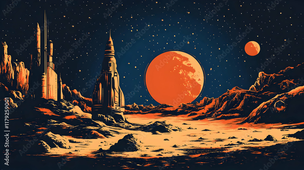 Poster retro-futuristic rocket stands on a red planet surface under a starry sky with distant moon