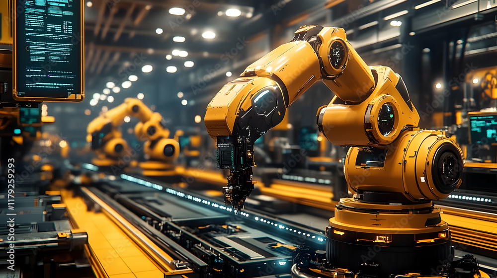 Poster robotic arms precisely assemble components on a futuristic assembly line in a modern factory