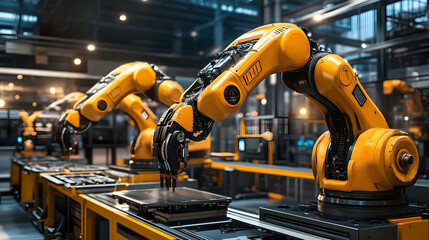 Robotic Arms Working on Assembly Line in a Modern Factory Efficiently and Precisely