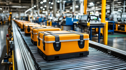 Orange Packages Move Along Assembly Line in Factory with Blurred Background.