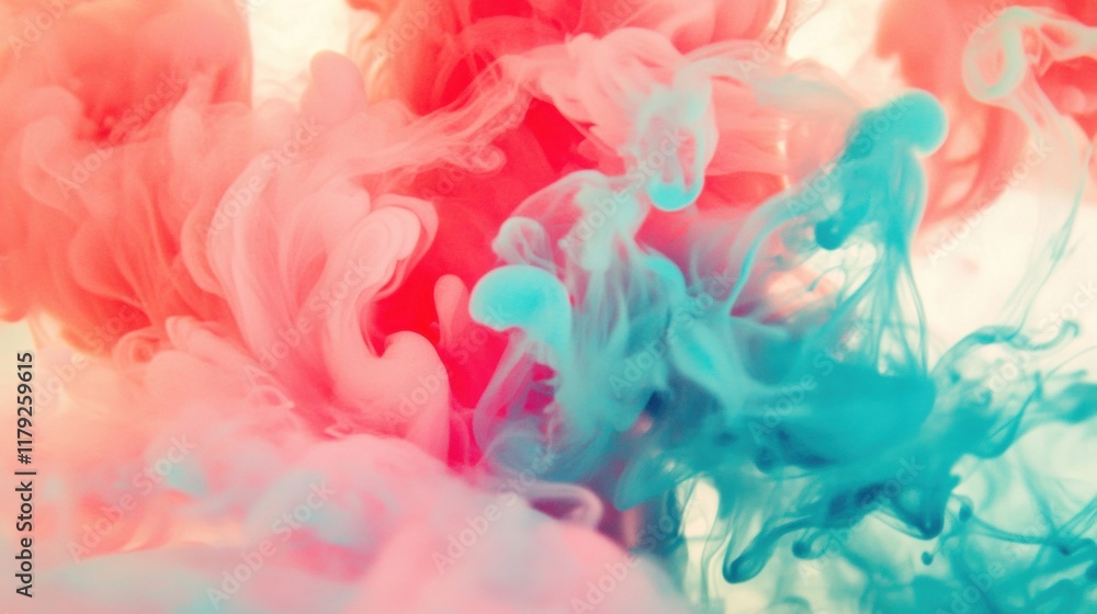Poster red and blue ink clouds mix and swirl in clear water, creating abstract patterns and vibrant hues th