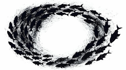 Black Fish Silhouettes Form a Dynamic Circular Pattern Against a White Background, Creating a Striking Visual.