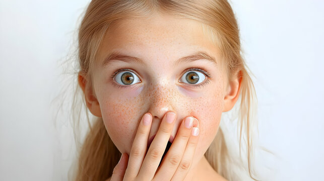 Surprised Girl Covers her Mouth with Hand and Wide Eyes, Expressing Shock