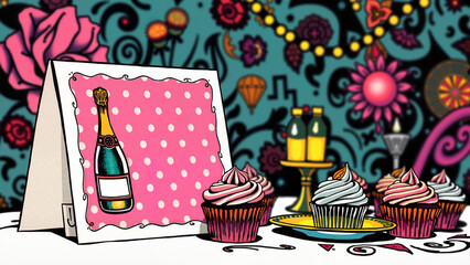 Colorful party table setup with champagne and cupcakes, hotel business card, logo, hen party, party, 