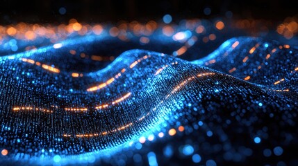 Abstract Blue and Orange Glowing Particle Waves: Digital Art, Technology Background, High Resolution