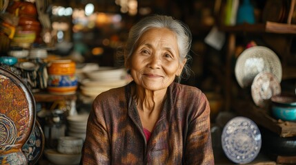 Obraz premium Authenticity Preserved: Elderly Burmese Woman in Traditional Lacquerware Shop Adorned in Earthy Tones