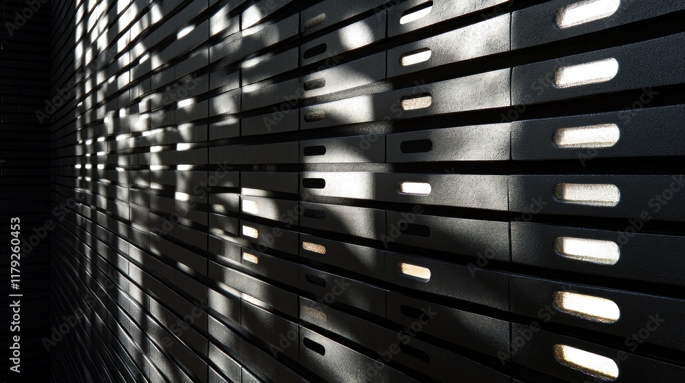Poster abstract shadow patterns on a wall of metallic compartments.