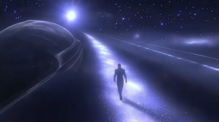 Obraz premium A Solitary Figure Walking on a Cosmic Pathway Among Celestial Bodies in a Mystical Starry Universe